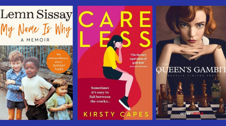 Cover images of: My Name Is Why, Care Less and The Queens Gambit. 