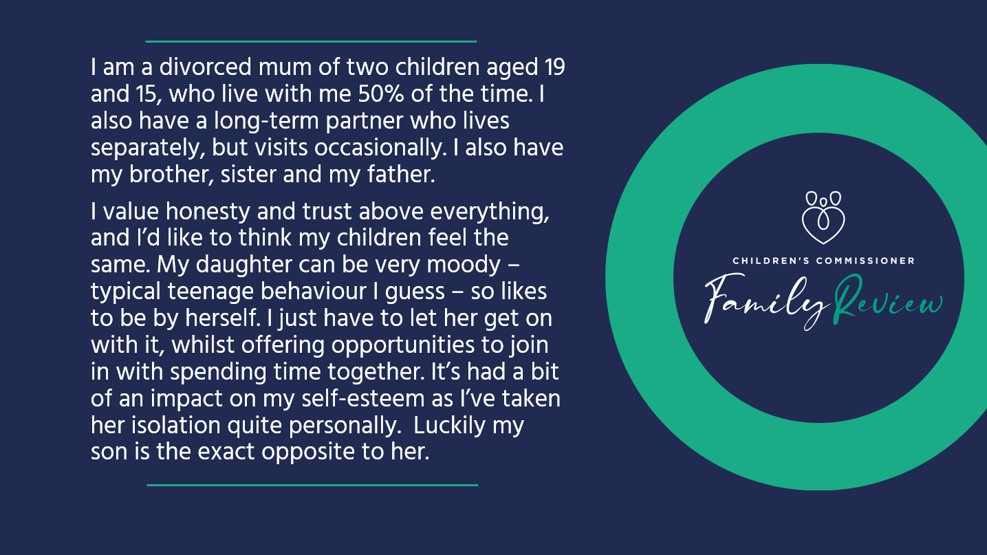I am a divorced mum of two children aged 19 and 15, who live with me 50% of the time. I also have a long-term partner who lives separately, but visits occasionally. I also have my brother, sister and my father. I value honesty and trust above everything, and I’d like to think my children feel the same. My daughter can be very moody – typical teenage behaviour I guess – so likes to be by herself. I just have to let her get on with it, whilst offering opportunities to join in with spending time together. It’s had a bit of an impact on my self-esteem as I’ve taken her isolation quite personally. Luckily my son is the exact opposite to her. 